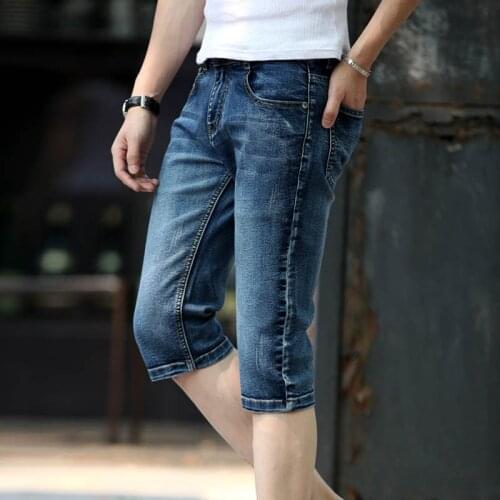 Summer 2021 Teenagers Thin Flag Embroidery Small Feet Cropped Capric Mens Breeches Slim Stretch Trend Mens Denim Shorts