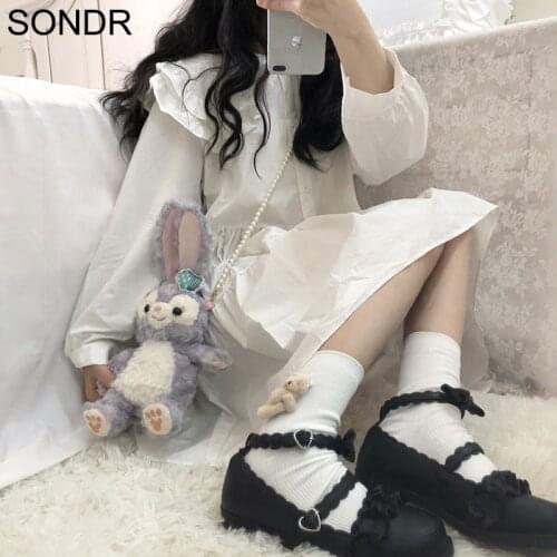2020 New College Lolita Style Ruffled Full Sleeve Doll Collar Dress Japanese Sweet Kawaii Soft Girl High Waist White Dress Cute