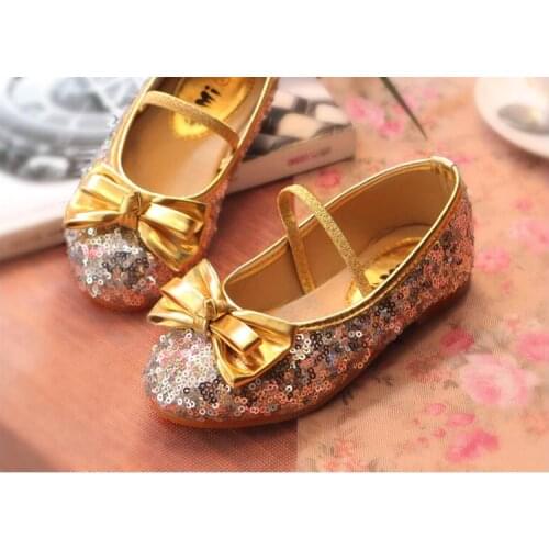 Girl Shoes Princess Sequins Shoes Bling Shiny Sequins Bow Dress Shoes 3 Colors