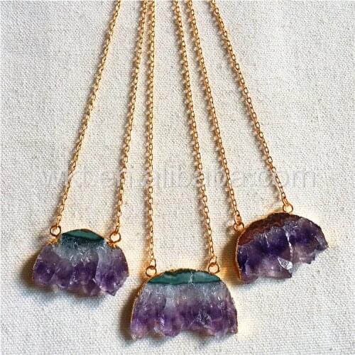 WT-N817 Wholesale Natural slice crystal crescent horn necklace 24k gold color druzy crescent horn purple crystal necklace