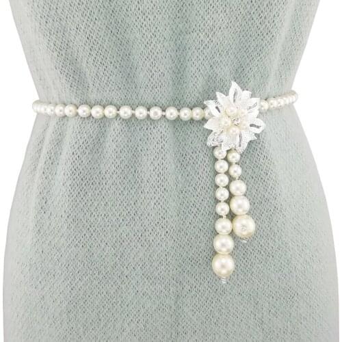 Pearl Bead Skinny Dress Waist Belt with Rhinestone Fashion Sweater Statement Thin Type Trendy Elegant Ladies Belt