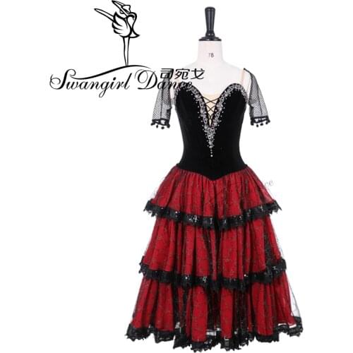 Short Sleeve Professional Ballet Costumes Black Red Ballet Long Tutu Dress Spanish Kitri Romantic Tutu Don Quixote Variation9500