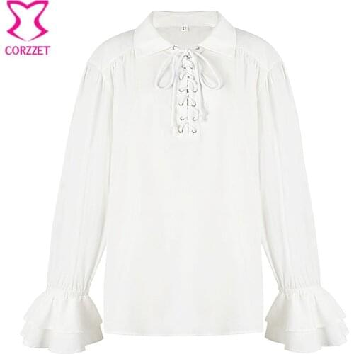 White Front Lace Up Turn Down Collar Flare Sleeve Loose Victorian Gothic Medieval Shirt Men Steampunk Top Mens Vintage Clothes