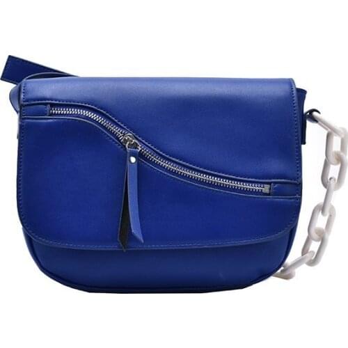 2021 Spring Ladies PU Leather Saddle Bag Simple Messenger Bag Womens Fashion One-shoulder Acrylic Chain Special Zipper Handbag