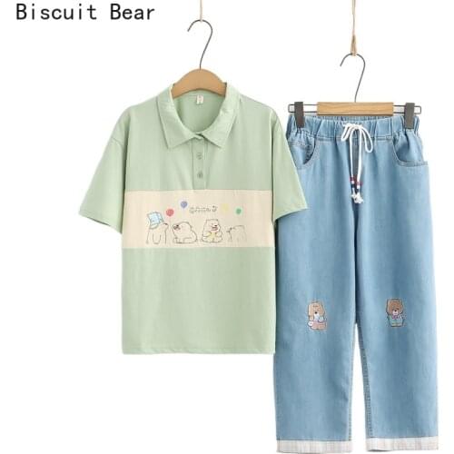 Women Casual Sets Short Sleeve Cartoon Print Cotton T Shirts And Cartoon Embroidery Denim Pants 2021 Summer 2 Piece Pant Set