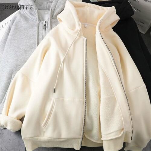 With Hat Sweatshirts Women Zip-up Hoodies Leisure Simple Ulzzang Loose Thicker All Match College Trendy Plus Velvet Solid Fall