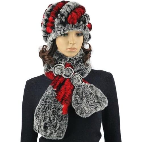 Fur hat and scarf set for women girls winter hat set of natural rex rabbit fur furry beanie hat scarf gray red Best giftsH314