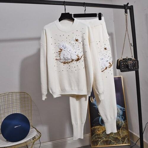 2021 Autumn Fashion White Black Knitted Tracksuits Women Beading Swan Pattern Sweater Pencil Pants Set Female Loose Knit Outfits