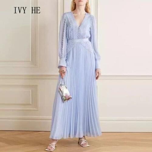 IVY HE High Quality Autumn Dress Woman Clothing Lace Patchwork Chiffon Long Sleeve Pleats Party Vintage Long Dresses Traf ZA y2k