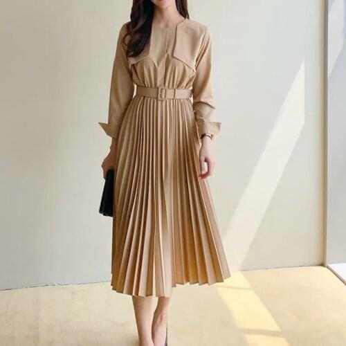 SMTHMA Vintage Elegant Belted Women Dresses Slim Waist Office Ladies Pleated Female Vestidos 2021 New Autumn