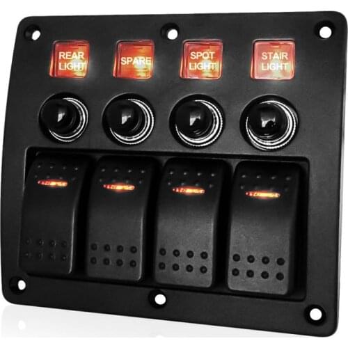 12V LED Waterproof 4 Gang Rocker Switch Panel Caravan for Car Marine Boat Socket Circuit Breaker Toggle Switch Panel