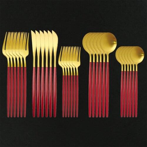 30PCS Luxury Dinnerware Flatware Set Gold Matte Red Handle Stainless Steel dinner knives forks tablespoons Food Silverware Set