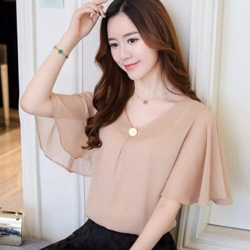 #4091 Summer Vintage White Blue White Chiffon Blouse Women Short Butterfly Sleeve Sexy V Neck Blouse Femme Korean Fashion Tops