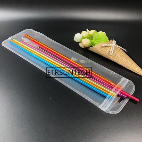 9*30cm Long Transparent Self-adhesive Seal Bag Stainless Steel Drinking Straw Packaging Bags With Hanging Hole