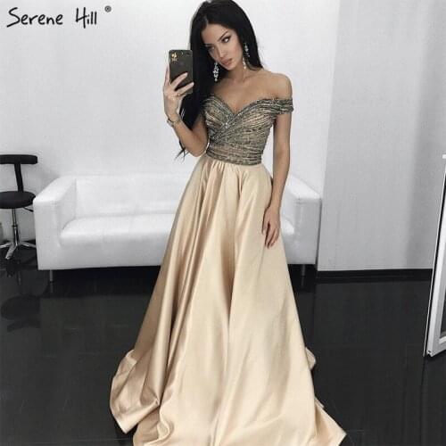 Satin Off shouler Sexy Beading Simple A-Line Prom Dress Diamond Crystal Evening Party Gowns 2020 Serene Hill - DLA6252
