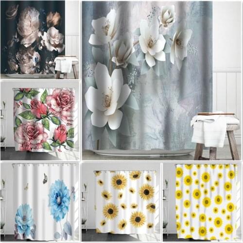 White Camellia Bathroom Curtain Polyester With 12 Hook Shower Curtain Flower Bath Decoration Screen Idyllic Bathtub Shower Cloth