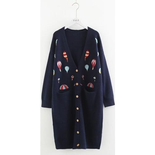 Mori girl 2019 Heavy duty color hot air balloon embroidery long Cardigan sweater