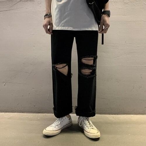 Ripped Hole Black Jeans Men Personality Fashion Streetwear Straight Loose Motorcycle Denim Wide Leg Pants Male Brand Clothing