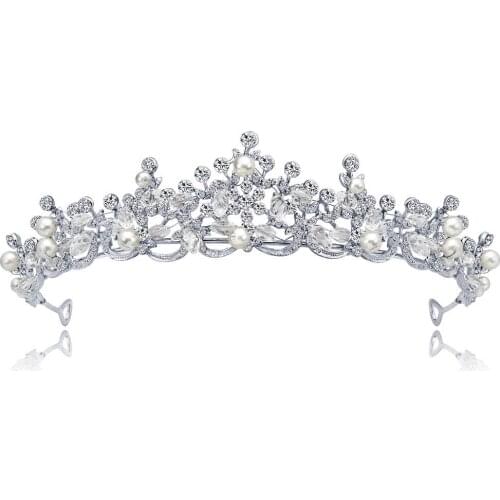 Crystal Rhinestone Crown Elegant Bridal Tiara Women Headbands Imitation Pearly Decor Head Wear
