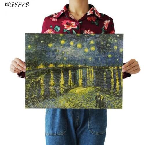 Van Goghs Painting Starry Night On The Rhone Kraft Poster Home Decoration Painting Room Wall Sticker