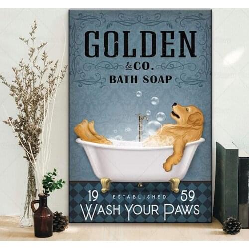 Beautiful Golden Retriever With Bathtub Poster Golden Retriever Bath Soap Wash Your Paws Wall Art Hanging Poster Painting Canvas