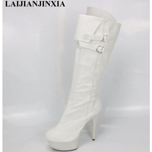LAIJIANJINXIA New White Knee-High Boots Large Size 15CM High Heels Round Toe Punk Women Boots Zip UP Boots Motorcycle boots
