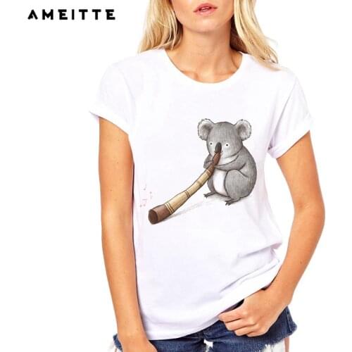 AMEITTE Summer Tops Cute Koala Playing the Didgeridoo T Shirts Women Cute Animal Print Fashion All-match Female White Tee Shirt