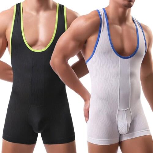 Mens Sport Bodysuit Sleeveless Tank Mesh Jumpsuits Wave Pattern Leotard Wrestling Singlet Boxer Underwear Athletic Supporters