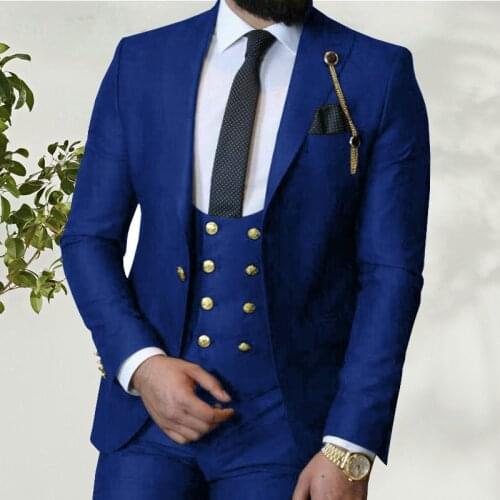 Costume Homme Royal Blue Men Suits Slim Fit 3 Pieces Terno Party Tuxedos Wedding Groom Prom Suit Best Man Blazer+Pants+Vest)
