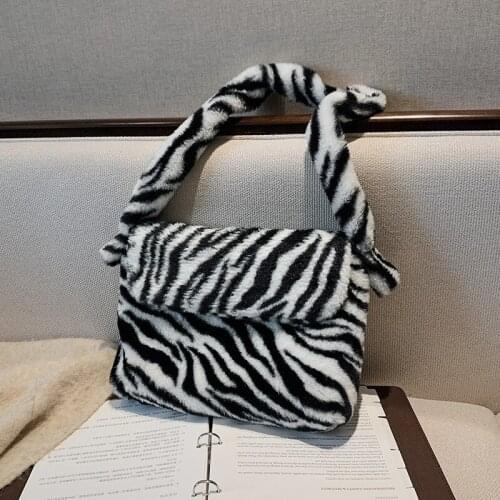 Soft Plush Faux Fur Female Shoulder Bag Fashion Design Zebra Pattern Ladies Underarm Bags Simple Large Capacity Women Handbgas