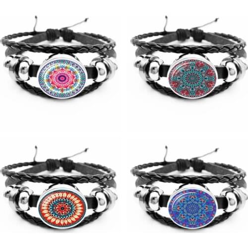 Heat! 2019 Ethnic Wind Mandala Kaleidoscope Black Leather Bracelet Glass Convex Round Bracelet Men and Women Gifts