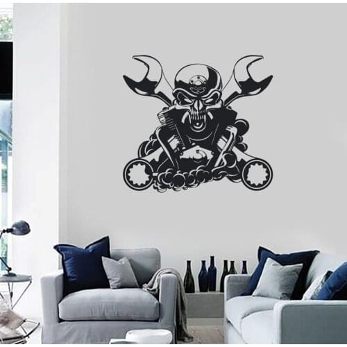 Wall Decal Car Skull Engine Steampunk Auto Repair Tools Decor for Garage Man Cave Vinyl Wall Stickers Boys Bedroom Decor S715
