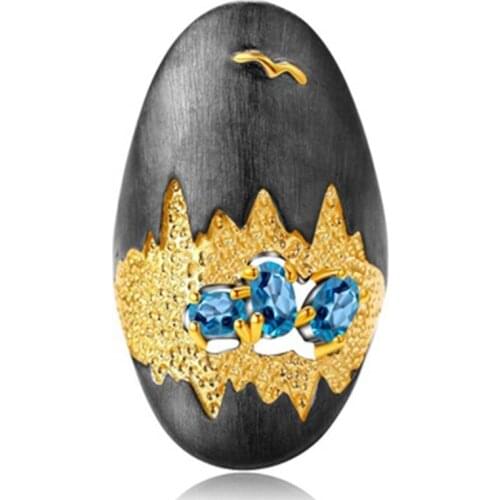 Ofertas Unique Black Gold Landscape Ring Blue Rhinestone Rings for Women Men Modern Art Fashion Jewelry