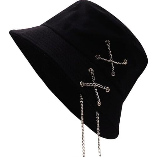 New Designer 100%Cotton Unisex Adults Bucket Hats With Chain Outdoor Street Fashion Hip Pop Solid Panama Sun Hat Casual Caps