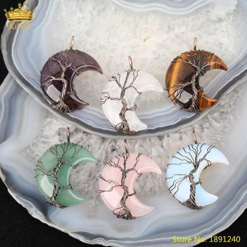 5pcs Natural Tiger Eye White Quartz Moon-Shape Pendant Jewelry,Wire Wrap Bronze Tree of Life Gemstones Charms For Jewelry Making