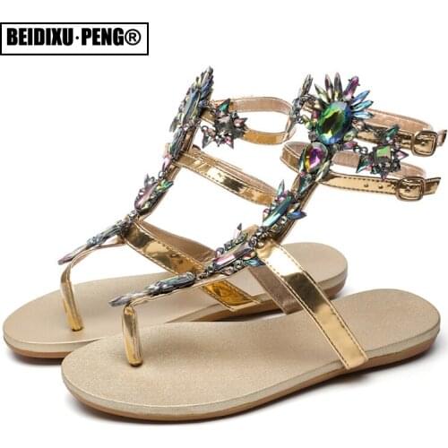 Sexy Gladiator Flat Heel Slippers Sandals Gold T-strap Rhinestone Diamond Bandage Women Summer Party Shoes for Female Ladies
