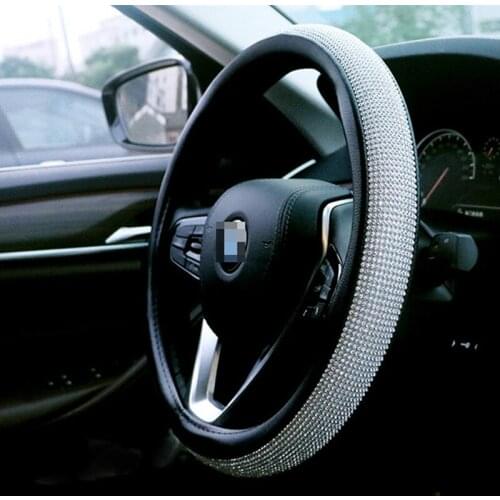 Luxury Diamond Crystal Rhinestone Car Leather Steering Wheel Covers Cap Auto Car Interior Accessories for Women Girls