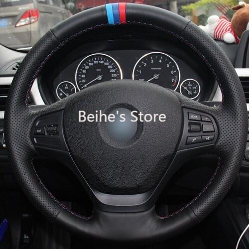 Hand sewing custom Black Leather 3 color Marker Car Steering Wheel Cover for BMW F30 316i 320i 328i