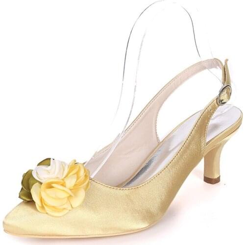OnnPnnQ Kitten Heels Flower Wedding Slingback Shoes Women Pointed Toe Mid Heels Satin Evening Formal Party Ladies Dress Pumps
