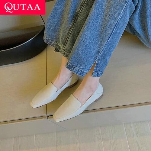 QUTAA 2021 Genuine Leather Square Heel Shallow Female Shoes Spring Autumn Square Toe Basic Concise Women Pumps Size 34-40