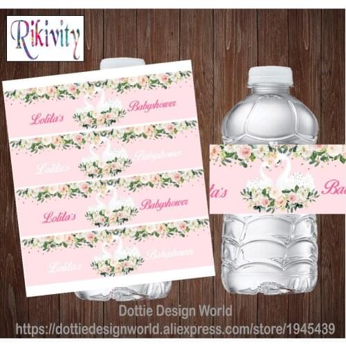 Rikivity Personalized Rose Pink Swan Water Bottle Wine Labels Candy Bar Wrapper Stickers Baby Shower Birthday Party Decoration