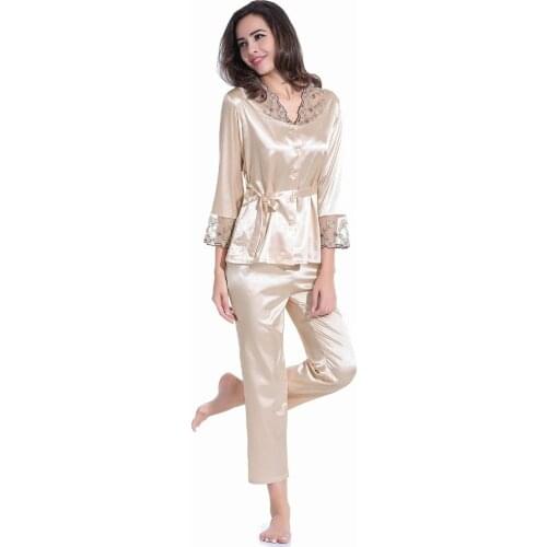 Satin Women Pajamas Sets Lace V-Neck Long Sleeve Tops with Full-Length Pajama Pants Champagne / Purple / Rose Home Clothing