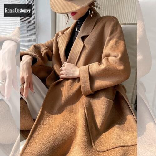 100% Wool Long 2021 Autumn New Womens Elegant Solid Woolen Coat Office Lady Loose British Style Fashion Casual Outerwear