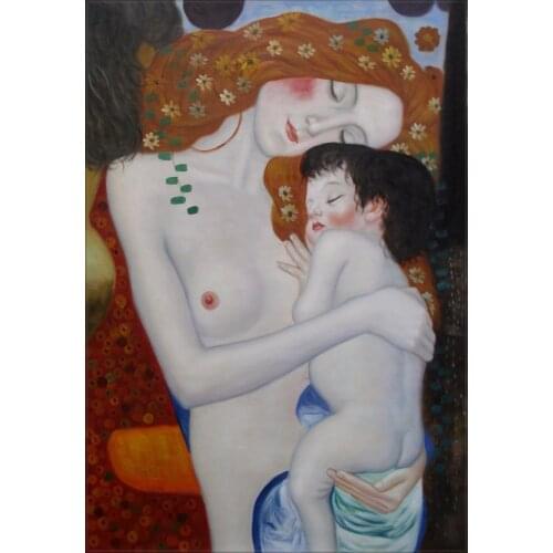 100%Handmade Gustav Klimt Mother and Child Repro, Hand Painted Oil Painting, 24x36in