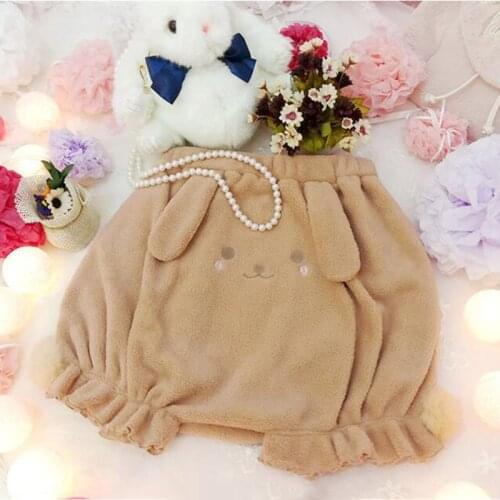 3 Colors Anime Cute Lolita Girls Plush Shorts Kawaii Rabbit Pattern Elastic Waist Bloomers Shorts Autumn Winter Pink Shorts 3 Co