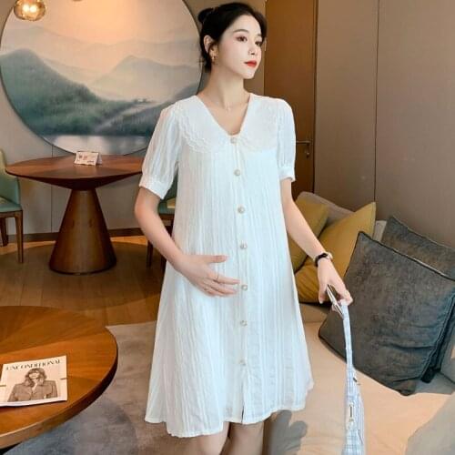 621# Sweet Korean Fashion Maternity Dress Summer Chic Ins White Cotton Clothes for Pregnant Women A Line Slim Waist Pregnancy