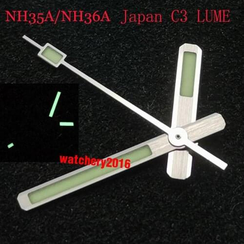 62MAS Solid Watch Hands For NH35 NH36 4R35 7S26 7029 Movement Japan C3 Green Super Lume Three-dimensional Silver Rim