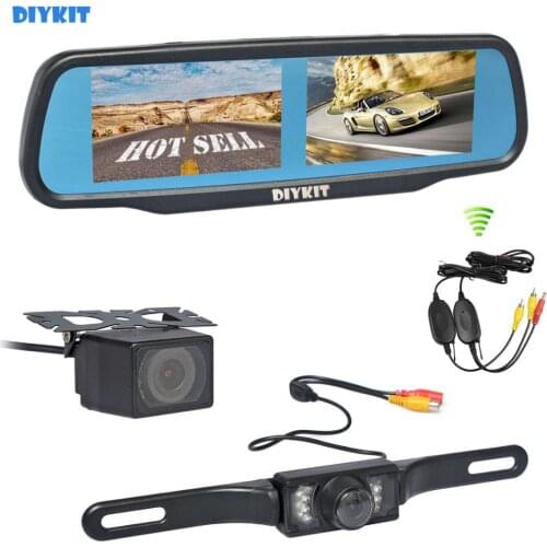 DIYKIT Wireless Dual 4.3" Screen Rearview Car Mirror Monitor + Waterproof Rear View Reverse Backup Car Camera