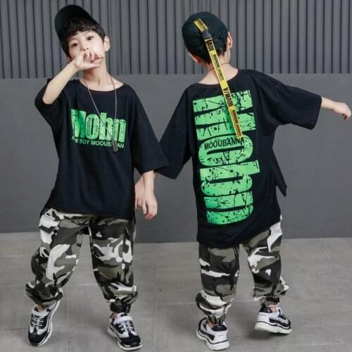 Girls Boys Ballroom Costumes Casual T Shirt Loose Camouflage Pants Kids Hip Hop Show Dance Clothes Jazz Stage Costume Dancewear
