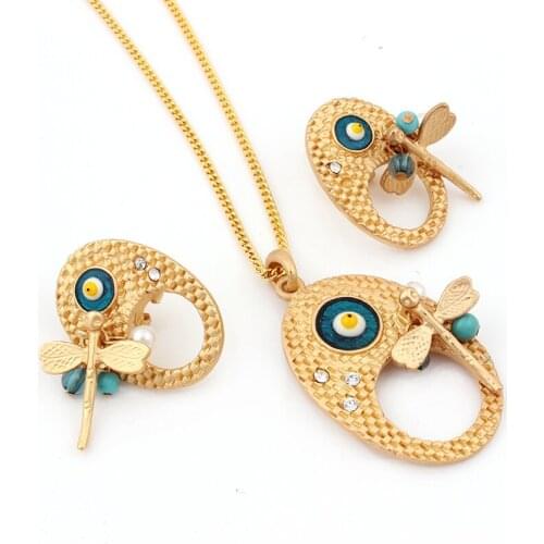 Brand design exquisite oval shape dragonfly Necklace Pendant Imitation Gold Trendy Wedding Bridal Jewelry Set for Women